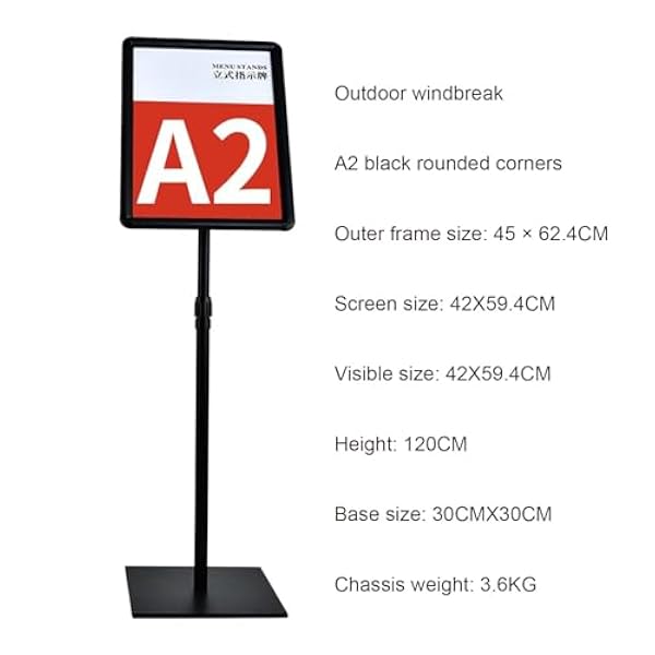 Verstelbare bordstandaard ferrolegering postermenustandaard vloerstaande bordhouder voor poster, menu, advertenties, verkoop, mededelingenstandaard, bewegwijzering displaystandaard (zwart) A2